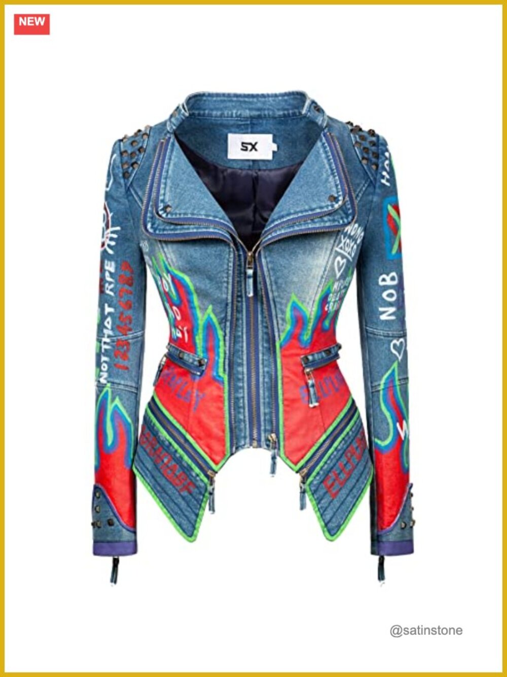 Women's Hand-Painted Denim Motorcycle Jacket - Faux Leather Trim, Zipper Closure